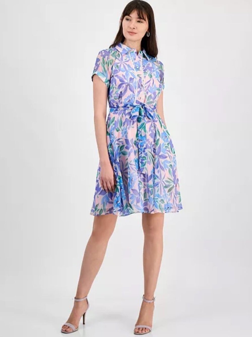 NWT (Other) Tahari Shadow-Striped Floral Print Belted Mini/Midi Dress. Size 4